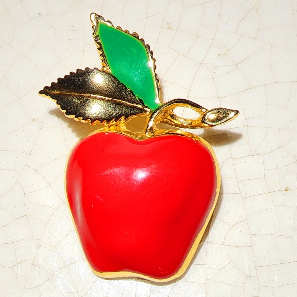Vintage J. Lent red apple with stem brooch, gift For teacher, collector